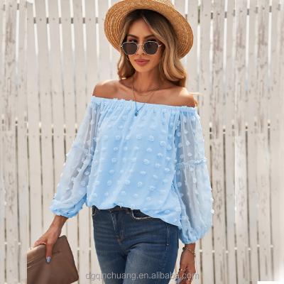 China 2022 Summer Fashion Anti-pilling Soft Sweater Tops Chiffon A-neck Off The Shoulder Lantern Sleeve Sexy Women's Top for sale