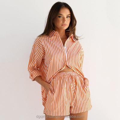 China 2022 New Arrival QUICK DRY Cotton Poplin Stripe Beach Shirt Custom Made Women's Long Sleeve QUICK DRY Shorts Set for sale