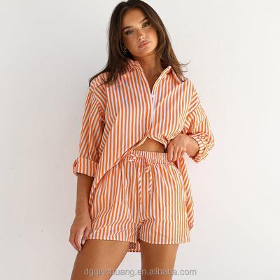 China 2022 Wholesale Custom QUICK DRY QUICK DRY Striped Collar OL Commuter Wind Button Denial Tops Shorts Two Piece Set For Women for sale