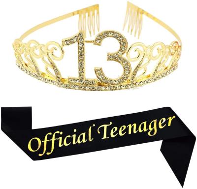 China Polyester 13th Birthday Sash and Tiara Official Teenager Sash and Crystal Rhinestone Birthday Crown for sale