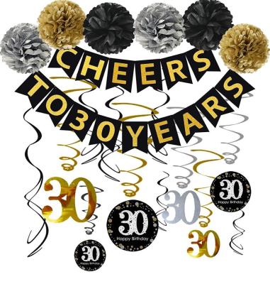 China 100% Eco-Friendly 30 Hanging Swirls For 30 Years Party Supplies 30th Birthday Decoration, Black And Gold 30th Birthday Decoration Supplies for sale