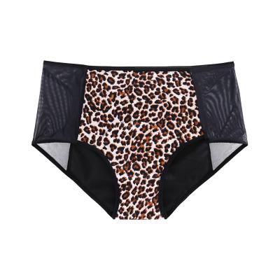 China Antibacterial Breathable Physiological Briefs Leak Proof Absorbent Leopard Print 4 Layer Menstrual Period Panties for sale