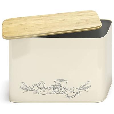 China Eco Modern Bamboo Cutting Board Lid Metal Bread Box For Kitchen Storage for sale