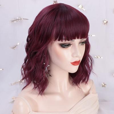 China Wine Red Bob Curly Wig Synthetic Short Weave Wig With Bangs Natural Looking Fiber Heat Resistant Hair For Women for sale