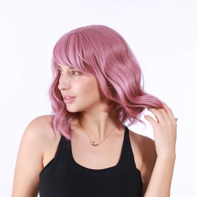 China Hotsale Amazon Weave Wig Pastel Wavy Wig With Air Bangs Women's Short Bob Purple Pink Wig Curly Shoulder Length Wavy Pastel for sale