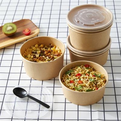 China Eco-Friendly Disposable Custom Logo Paper Packaging Food Grade Brown Kraft Paper Salad Bowl With Lid For Party for sale