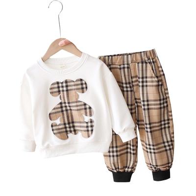 China Wholesale Casual 2021 Fashion Kids Baby Clothes 2 Piece Sets Grid Bear Hoodie + Pants Boys Clothing Sets for sale