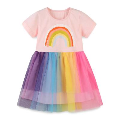 China 2021 Summer Anti-static New Kids Girl Dress Rainbow Round Collar Lace Princess Dresses Cartoon Lovely for sale