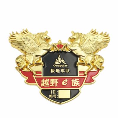 China Stainless Metal Custom Logo Double Gold Plated Embossed Pegasus Team Car Club Auto Emblem Fleece Manufacturing for sale