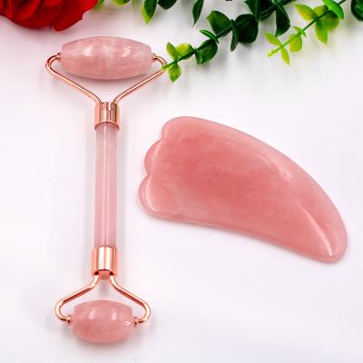 China Dual Rollers/Portable/Cool/Comfortable Natural Facial Jade Roller Massager Guasha Scraper Board Beauty Set Crystal Rose Quartz Stone Massage Tool for sale