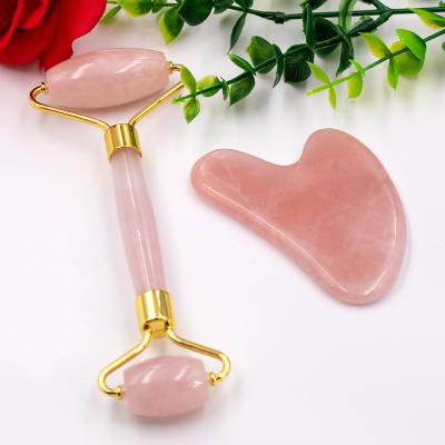 China Dual Rollers/Portable/Cool/Comfortable Natural Jade Roller Massager Guasha Scraper Board Beauty Set Crystal Rose Quartz Stone Facial Massage for sale