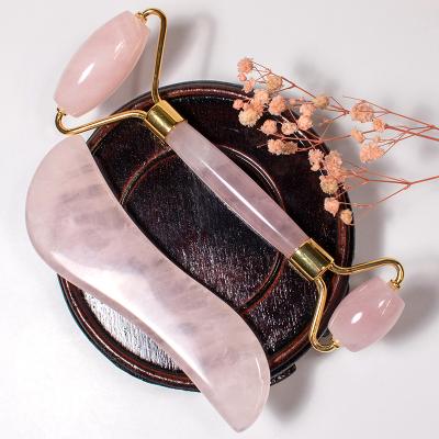 China Double Rollers/Guasha Board Stone Massage Portable/Cool/Comfortable Natural Crystal Rose Quartz Stone Facial Jade Roller Set Jade Roller Gua Sha Set for sale