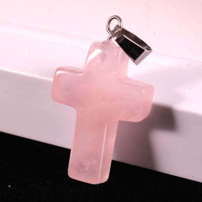 China Charms Western Charms Natural Crystal Gemstone Rose Quartz Stone Cross Pendant For Jewelry Making 18x25mm for sale