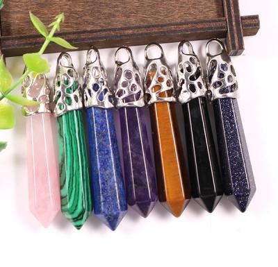 China 63mm Long Charms Natural Gemstone Reiki Chakra Healing Hexagonal Acute Pendant Charm For Jewelry Making for sale