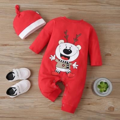 China Red Hat Christmas Breathable Deer Cartoon Animal Print Winter Baby Clothes Casual Knitted Overalls Set Newborn Baby Clothes Romper for sale