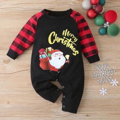 China Polyester/Cotton Christmas Santa Claus Printed Red Plaid Newborn Baby Rompers Overalls Playsuit Outfits Christmas Baby Clothes for sale