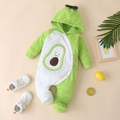 China Lovely Comfortable Breathble Avocado Baby Clothes Single Breasted Long Sleeve Bow Hooded Baby Romper Patchwork Breasted Baby Boy Clothes Winter Warm 0-18M for sale