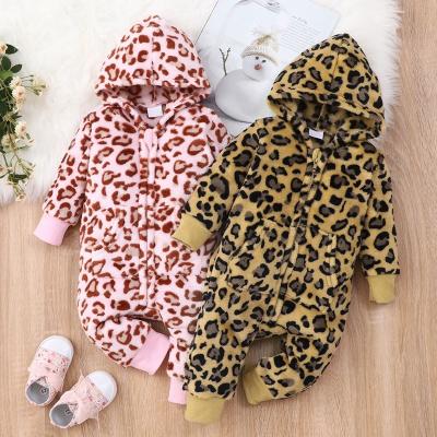 China Hot Selling Down Baby Rompers Baby Clothes Hoodies Leopard Print Long Sleeve Thick Baby Boy Girl Winter Overalls Clothes 0-18M for sale