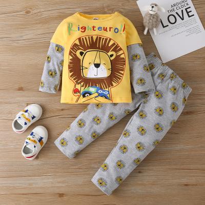 China Lion Print Yellow Top Casual Fast Delivery Gray Pants Kid Animal Casual Clothes Set Boys Clothing Two Piece Sets for sale