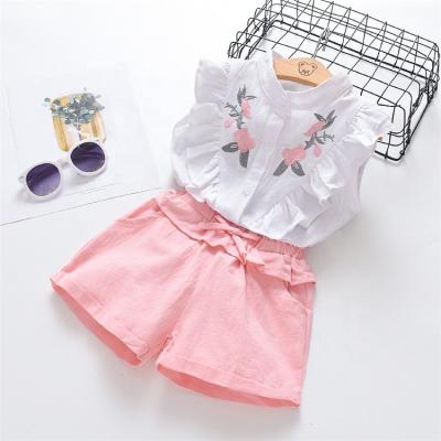 China Sweet Girls Clothing Sets Summer Kids Clothes Floral Chiffon Halter+Embroidered Shorts Straw Children Clothing for sale