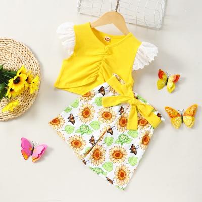 China New Breathable Toddler Girl Clothes Summer Girls Clothing Sets Lace Up V-Neck Ruffle Sleeve Tops+sunflower Shorts Pants 2PCS Kids Clothes 2-6Y for sale