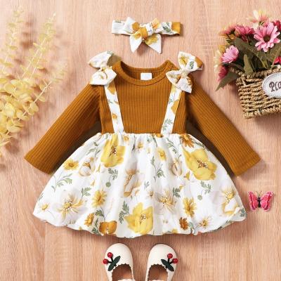 China Breathable Baby Clothes Spring Autumn Princess Dress 2 Pcs Bow Patchwork Long Sleeve Baby Dress+headband Flower Print Baby Clothes 1-3Y for sale