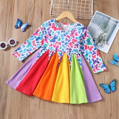 China New Breathable Spring Autumn Kids Dresses For Girls Cotton Butterfly Print Long Sleeve Rainbow Girls Dresses Kids Clothing Girls Clothes 1-6Y for sale