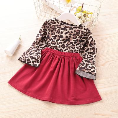 China Breathable Fashion Toddler Girl Clothes 2pcs Sets Long Sleeve Flare Leopard Print Tops+solid Skirt Red Cotton Autumn Baby Girl Clothes 3-7Y for sale