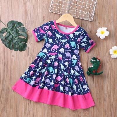 China 2021 Summer Breathable Hot Selling Girls Dress Baby Dress Cotton Dinosaur Print Short Sleeve Girls Dresses Casual Outfits Kids Clothes 1-6Y for sale