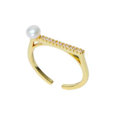 China 2021 CLASSIC Balance Beam Design Cooper Gold Plated Button White Pearl Adjustable Ring For Women for sale