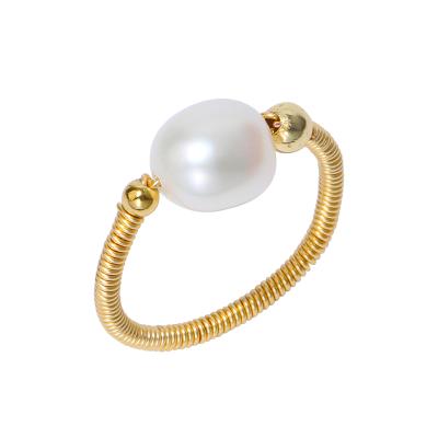 China Fashion CLASSIC Gold Plated Cooper Wire Design 9-10mm Simple Baroque Pearl Ring With Cheap Price for sale