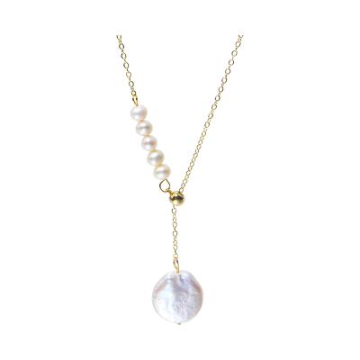 China 2021 CLASSIC Fashion 14K Gold Plated Y Shape Design Coin Baroque Pearl Pendant Necklace For Girls for sale