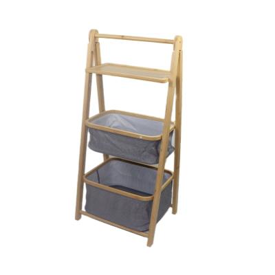 China Contemporary Bamboo Hamper Storage Cart 2 Section Rolling Storage Shelf Drawers Basket Home with  2 Fabric for sale