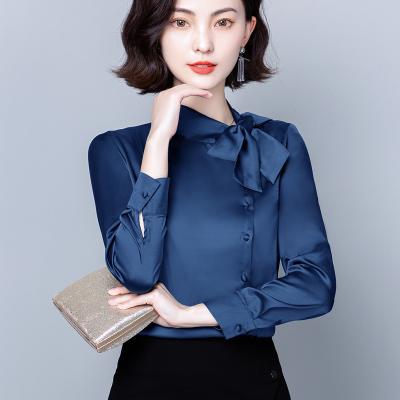 China Anti-pilling 2021 Korean Women Silk Blouses Long Sleeve Shirts Elegant Bow Satin Shirt Tops Plus Size for sale