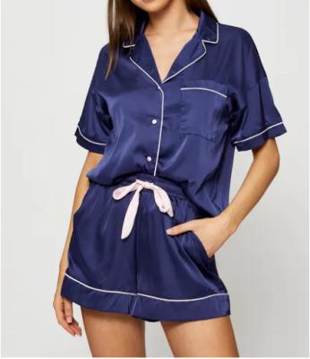 China 2022 Hot Sale Breathable Short Sleeve Top And Satin Short Pajamas Set Women Sleepwear for sale