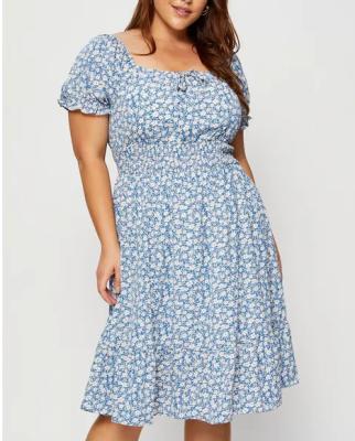 China Breathable Customized Plus Size Puff Sleeve Ruched Skater Dress Women Floral Cause Dress for sale