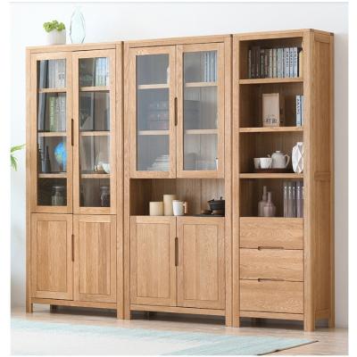 China Low environmental friendly solid wood oak bookcase with glass doors and drawers for sale