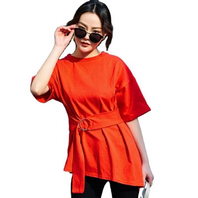 China Customized Ladies Solid Color Belt T-shirt Ladies Drop-Shoulder Short Sleeve Ts T-shirt Ladies Customized Parride White Red Loose Top Ladies T-shirt for sale