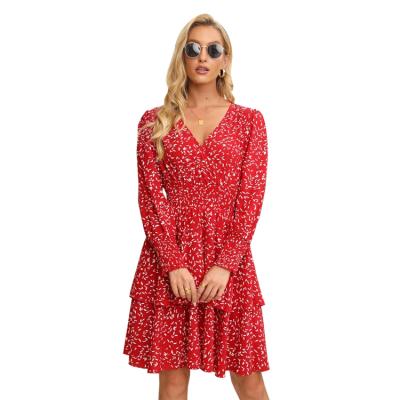 China New Listing High-end Floral Red V-Neckline Dress Anti-Static Loose Elegant Casual Dresses High Quality for sale