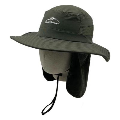 China Sunproof Portable Outdoor Pure Color Image RTS Polyester Wide Brim With Neck Flap Military Hunting And Fisherman Hat Bucket Hat for sale