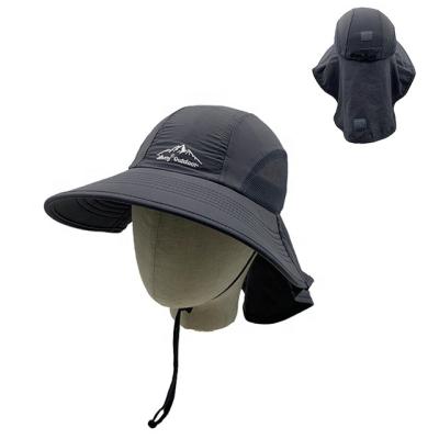 China Image High Quality Polyester Outdoor Sun Protection Hunting Rising Fishing Wide Brim Safari Bucket Hat With Neck Fin And String for sale