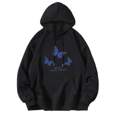 China Anti-wrinkle factory professional high quality custom made butterfly printed hoodie pullover men black hoodie for sale