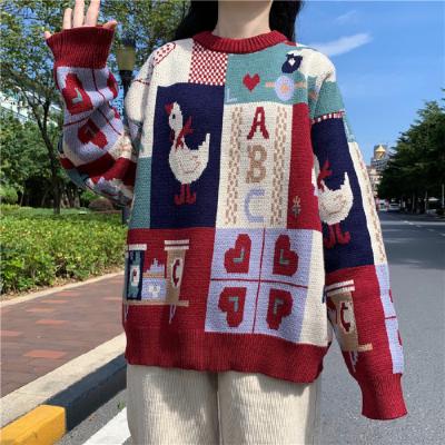 China Autumn Patchwork Cute Korean Version Christmas Sweater 2021 Spring Loose Lazy Red Christmas Sweater Retro New for sale