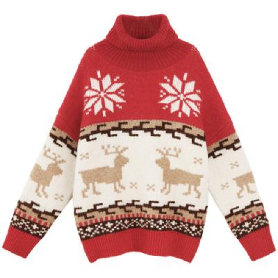 China New casual sweet soft knit turtleneck snow sweater Christmas loose sweater female high neck sweater for sale