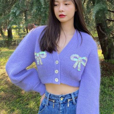 China New EasyGarment 2021 Cute Bow V-Neck Sweater Knitted Straight Sequined Cardigan Jumper Purple Short Sweater Coat for sale