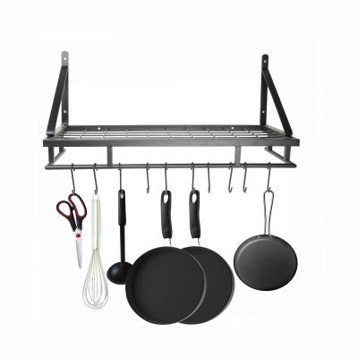 China Traditional 2 Tier Pot Wall Mount Shelved Storage Shelves Organizer with 10 Hooks for Kitchen Cookware Utensils for sale