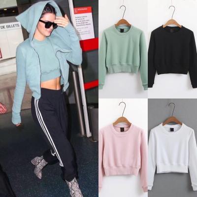 China Wholesale Custom Anti-Wrinkle Solid Color Hoodie Cropped Top Women Casual Loose Long Sleeve Sweatshirt for sale