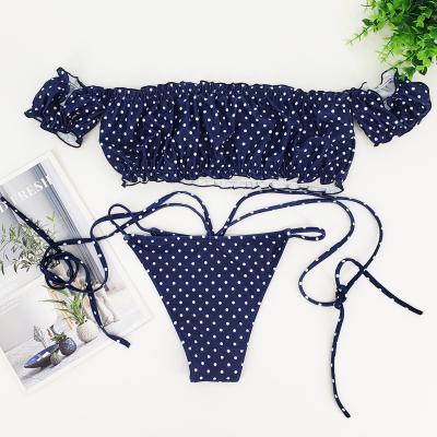 China Antibacterial New Design Ruffled Dots One Shoulder String Swimwear Off Shoulder Swimwear for sale