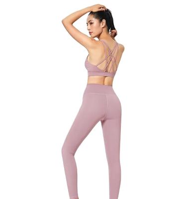 China OEM Breathable LOGO Stretchy High Waist Cups Workout Suit Sports Bra and Pants Yoga Dismountable Solid Set for Women for sale