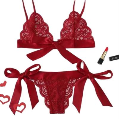 China New Design Antibacterial Cute Bra Sets Women's Sexy 2 Piece Bow Silk Satin Strap Bralette Lace Lingerie Set for sale